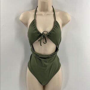 Aerie One Piece Cheeky High Waist Olive Green Halter Cutout Swimsuit Halter Sm